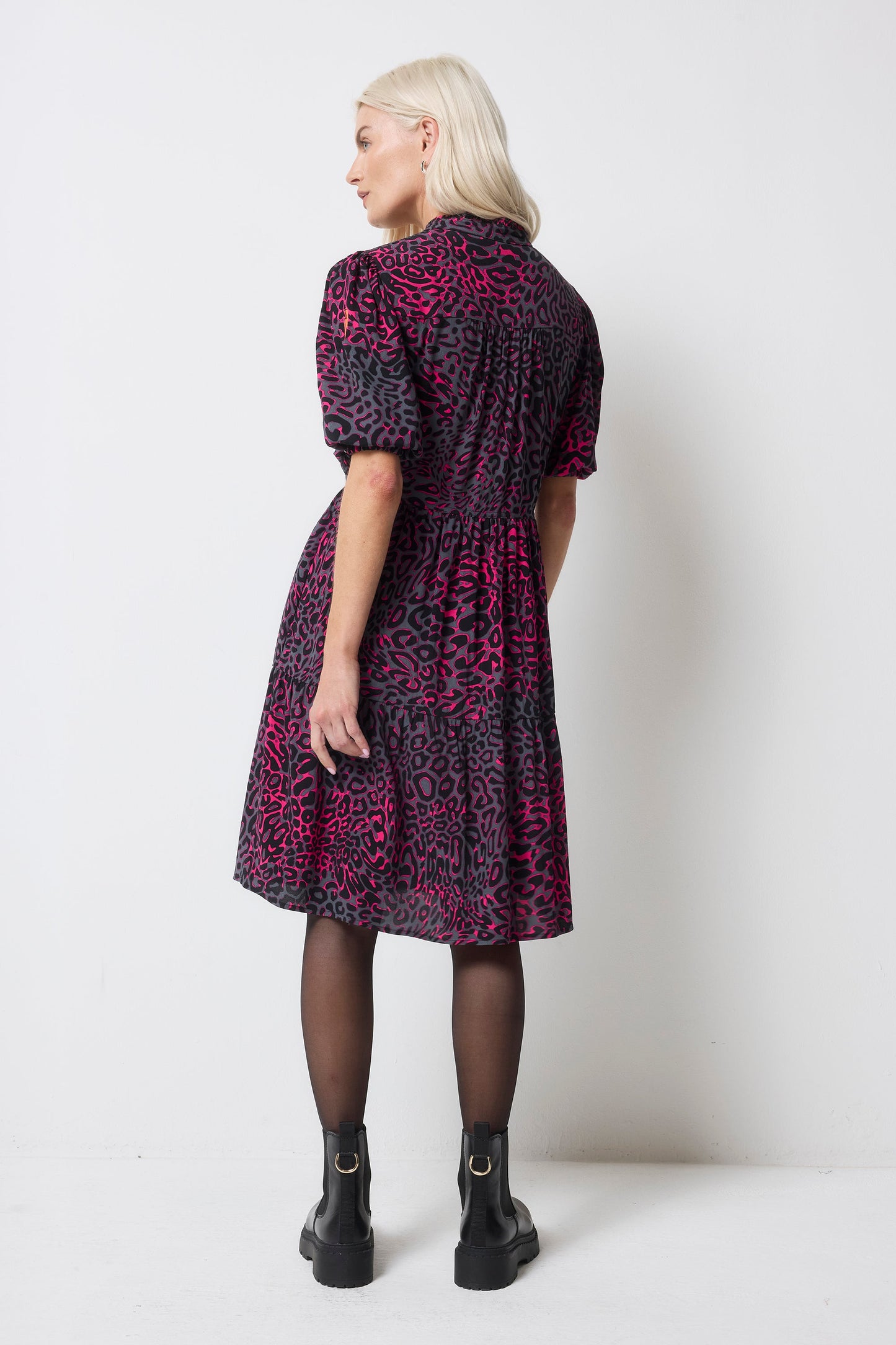 Grey with Pink Leopard Ray Zip Detail Tiered Short Dress