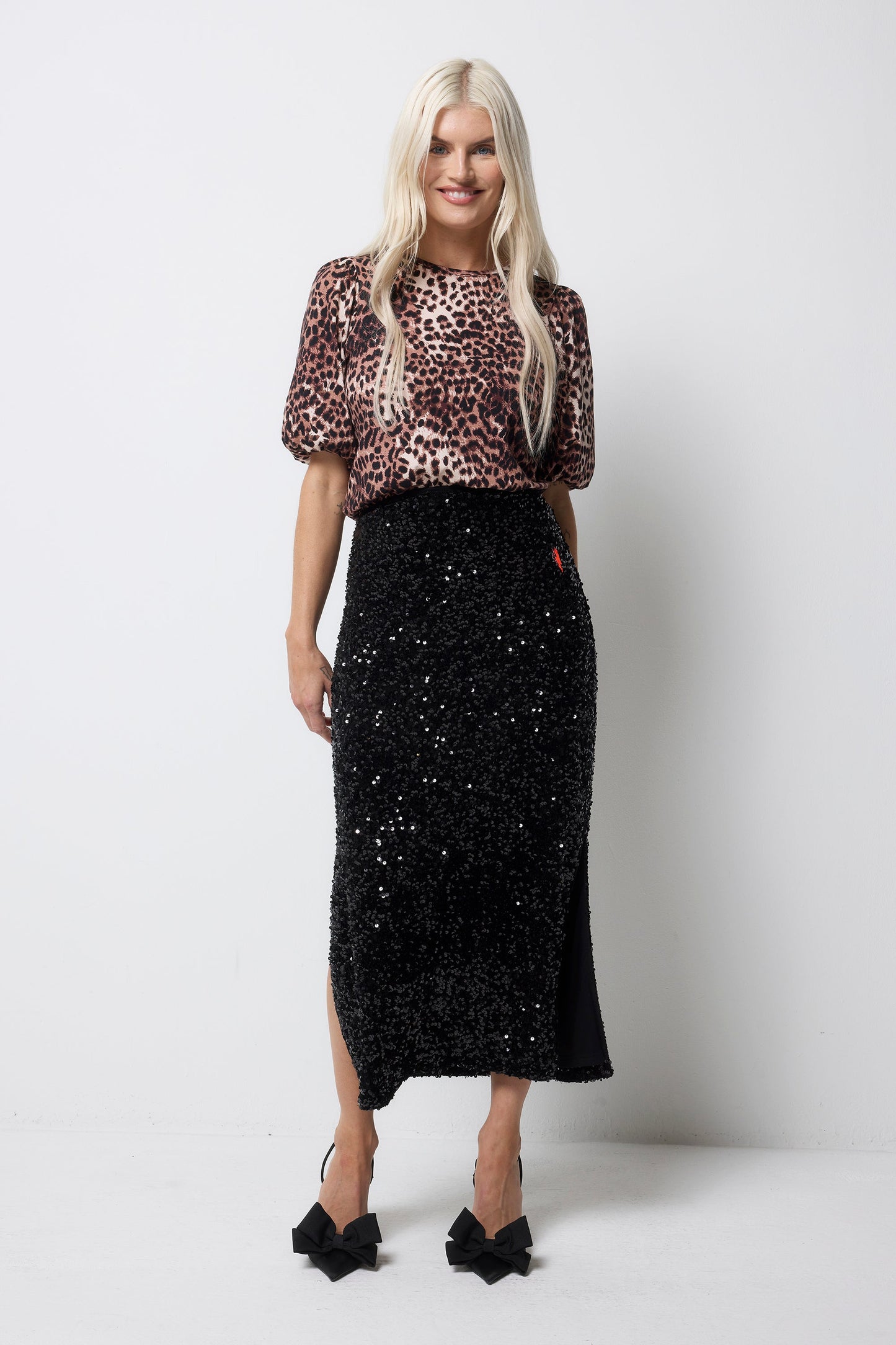 Black Sequin Velvet Midi Skirt