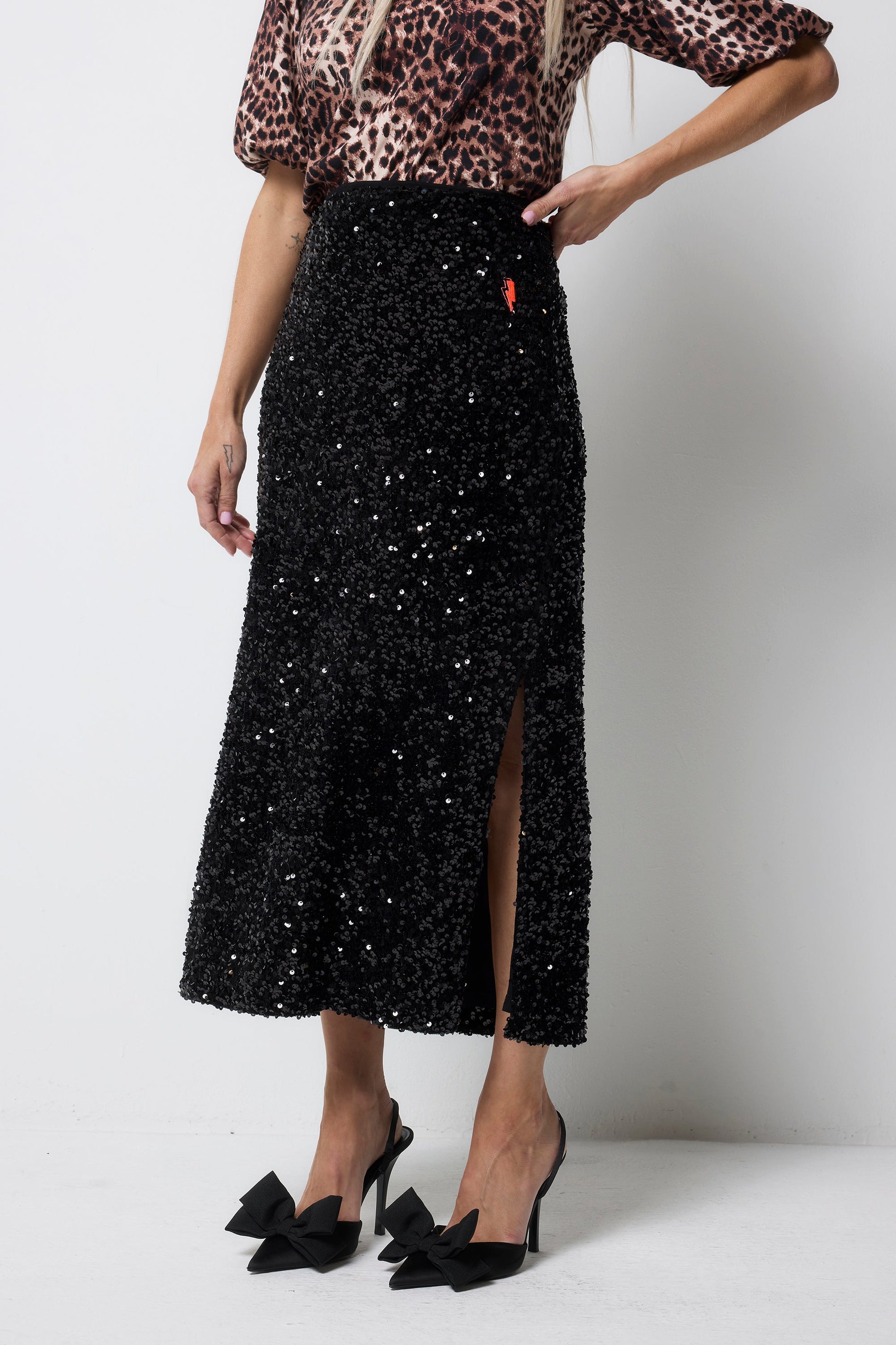 Black Sequin Velvet Midi Skirt