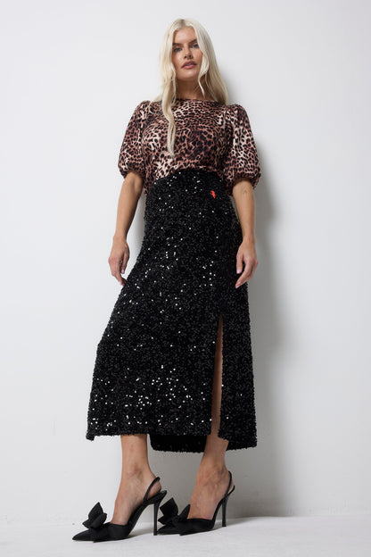 Black Sequin Velvet Midi Skirt