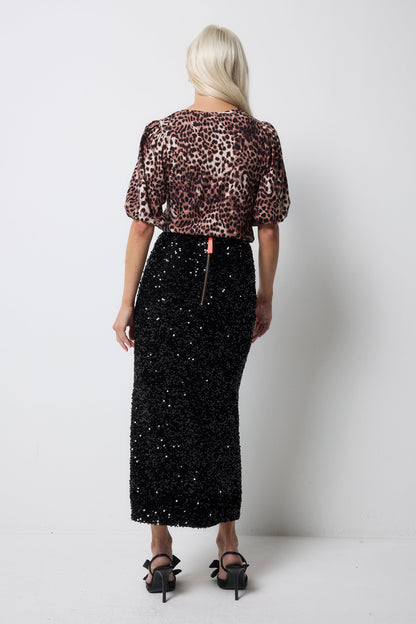 Black Sequin Velvet Midi Skirt