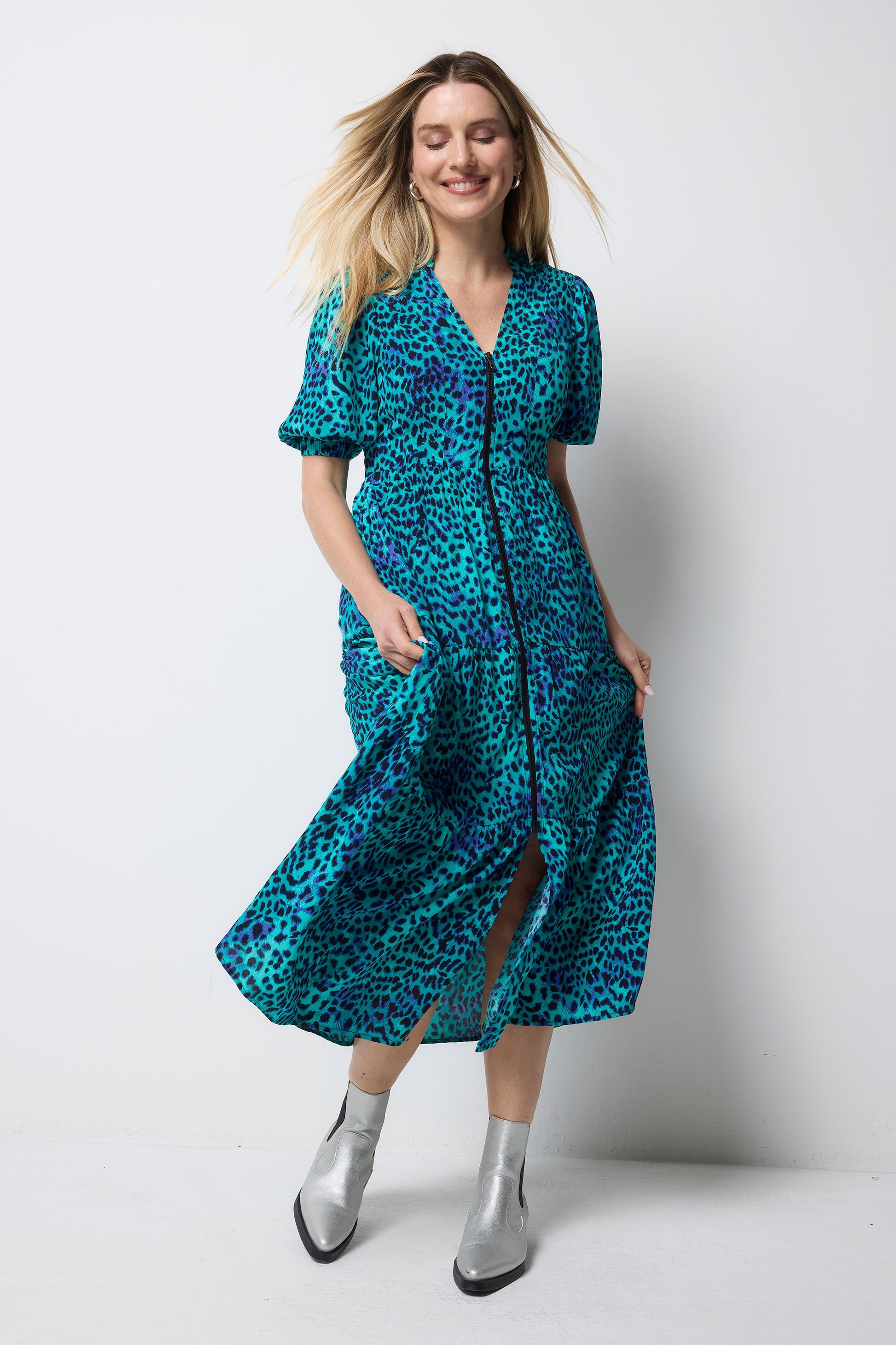 Turquoise with Blue Cheetah Zip Front Midi Tiered Dress