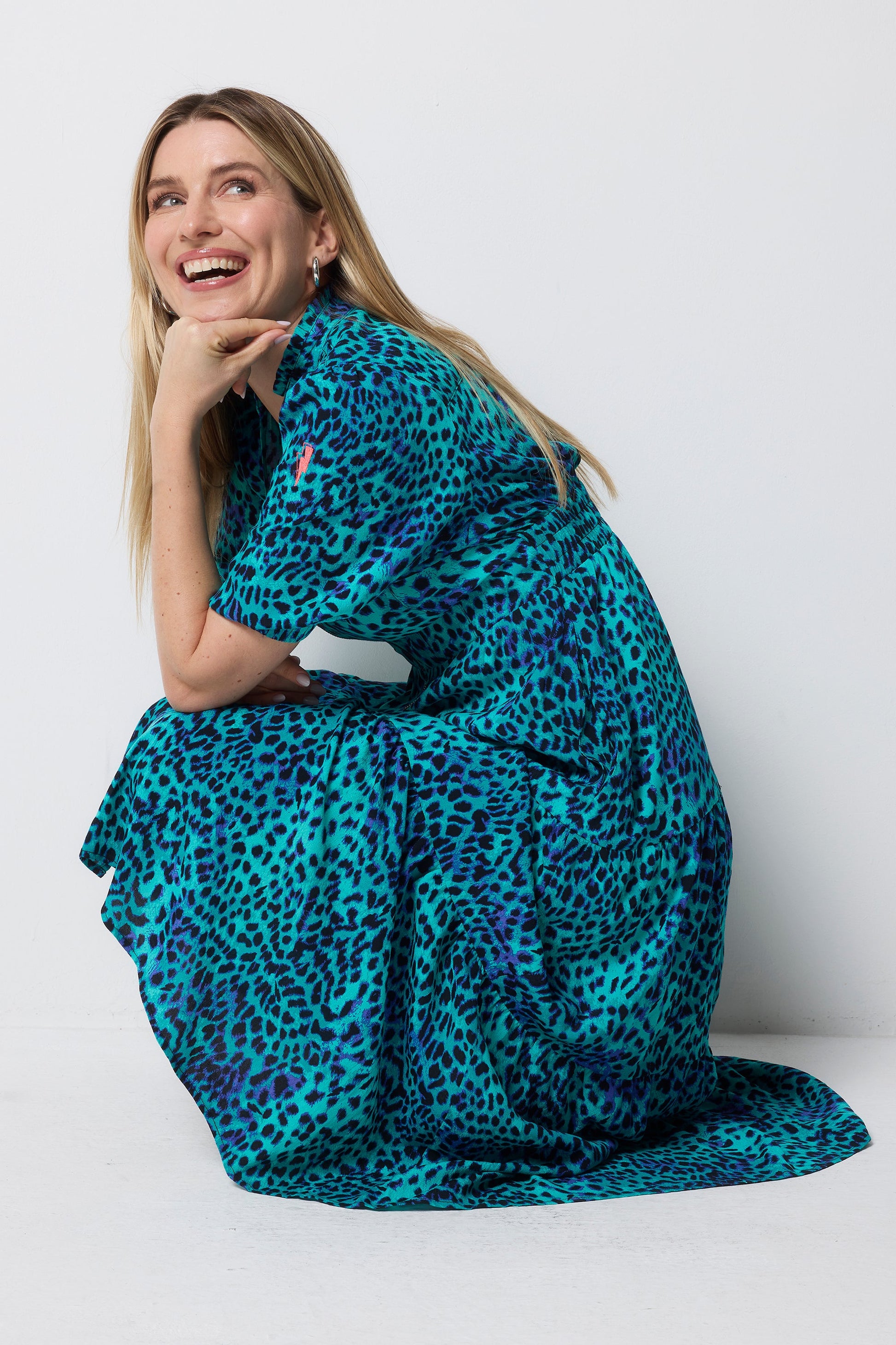 Turquoise with Blue Cheetah Zip Front Midi Tiered Dress