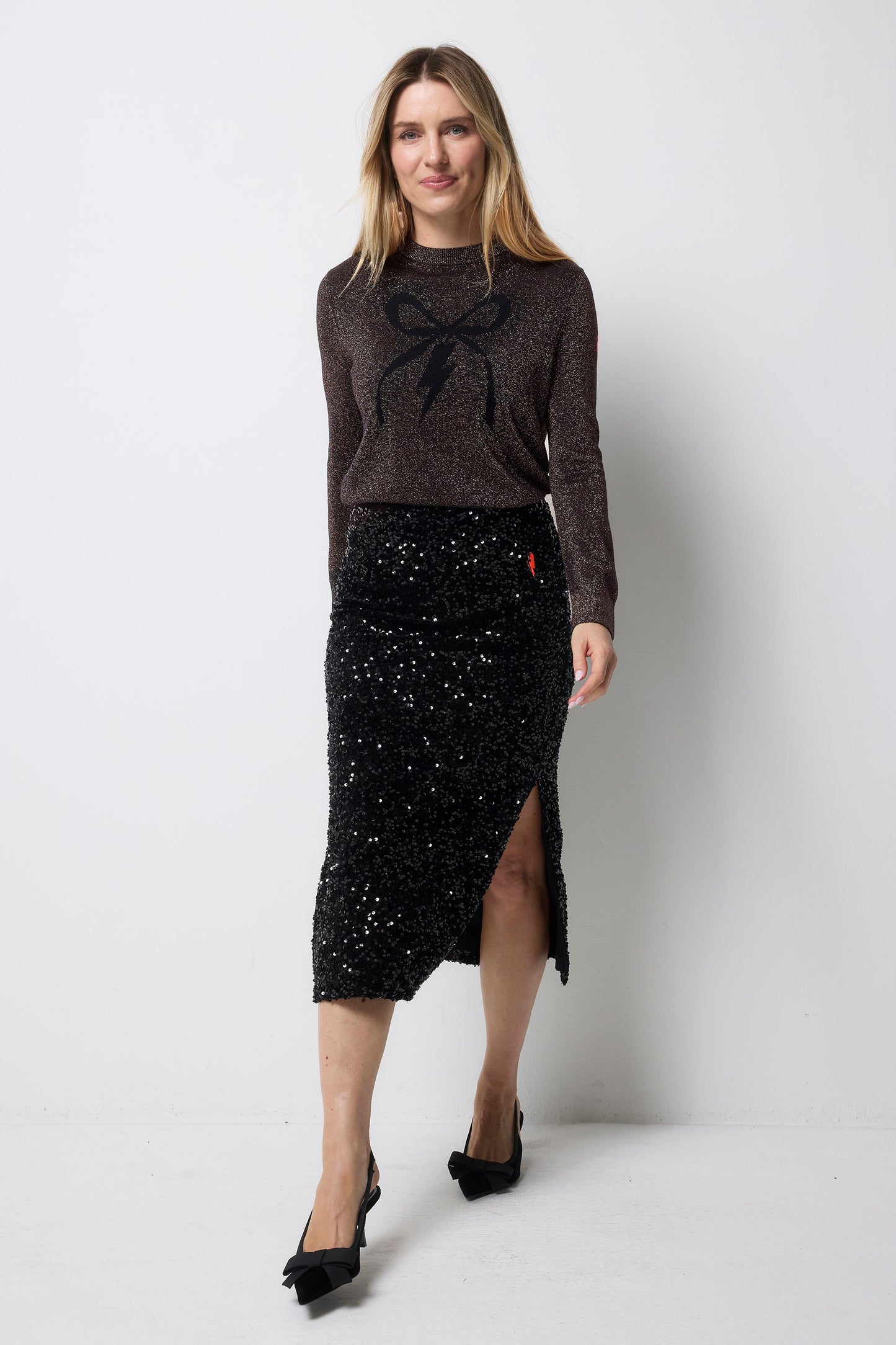 Rose Gold with Black Ribbon and Lightning Bolt Metallic Knit Jumper