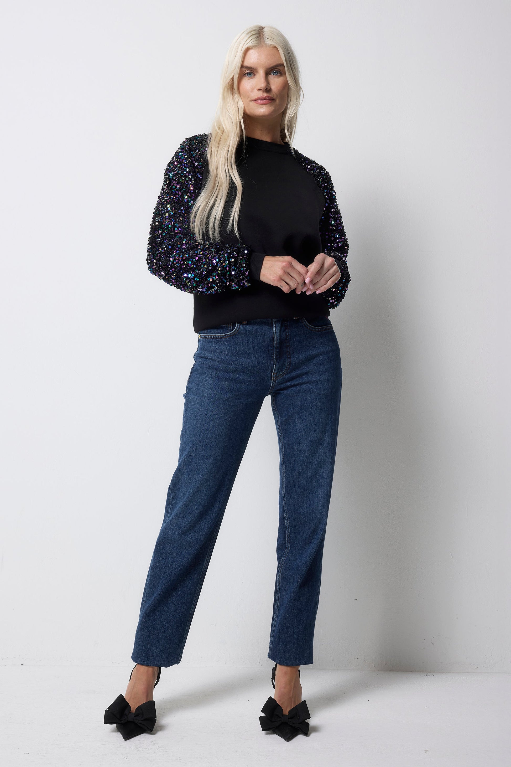 Black with Purple Iridescent Sequin Sleeve Raglan Sweatshirt