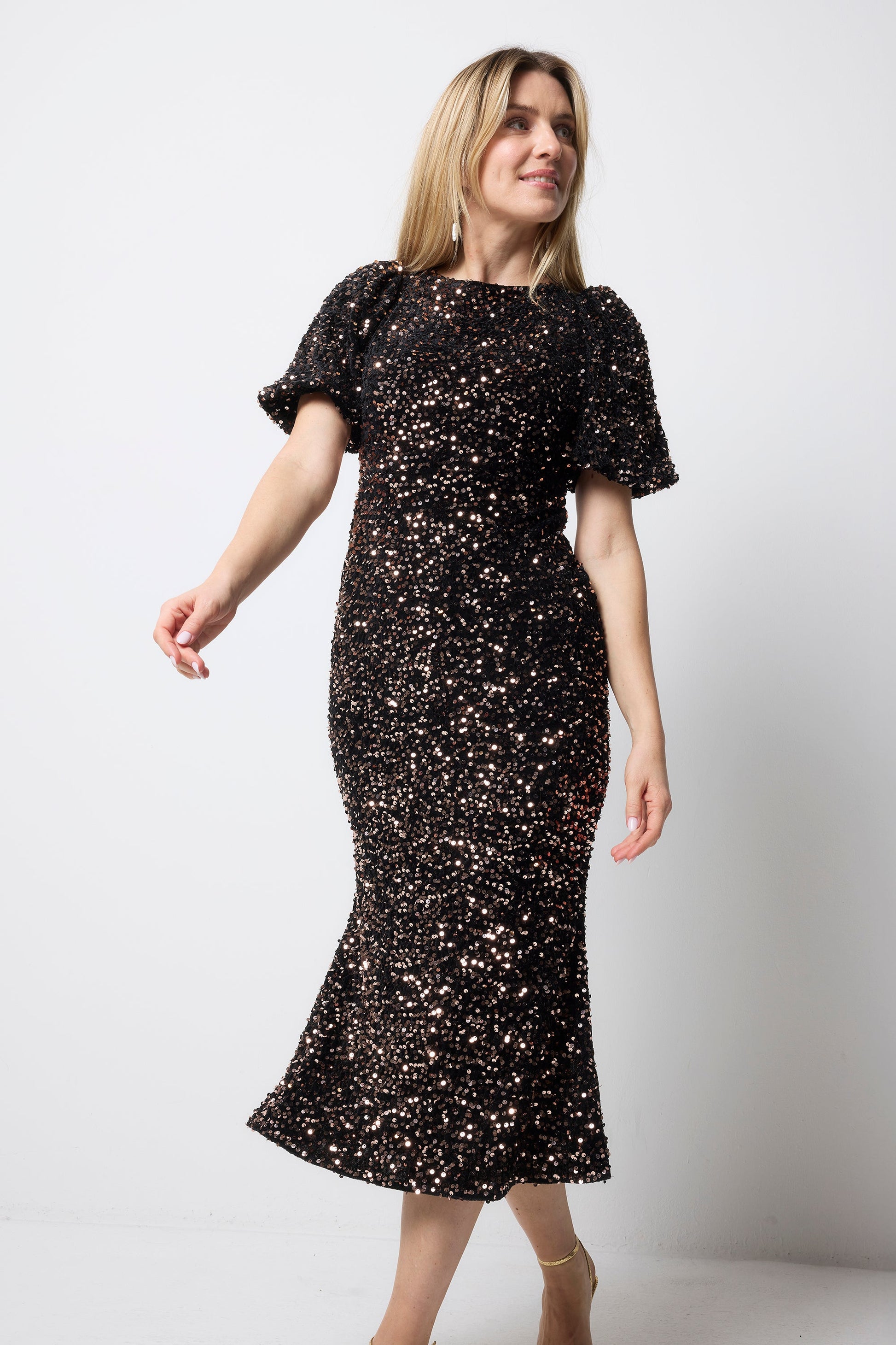 Bronze Sequin Tie Back Puff Sleeve Velvet Midi Dress