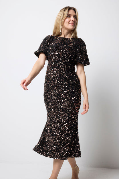 Bronze Sequin Tie Back Puff Sleeve Velvet Midi Dress