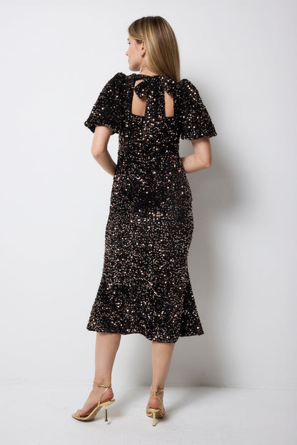 Bronze Sequin Tie Back Puff Sleeve Velvet Midi Dress