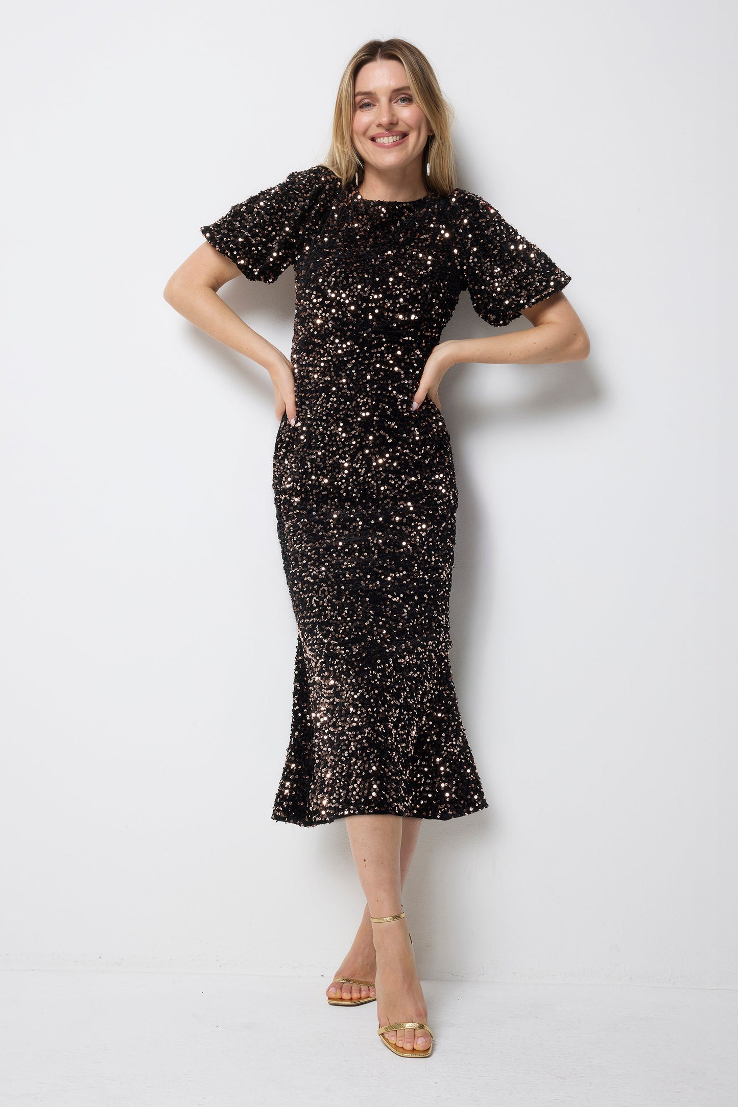 Bronze Sequin Tie Back Puff Sleeve Velvet Midi Dress