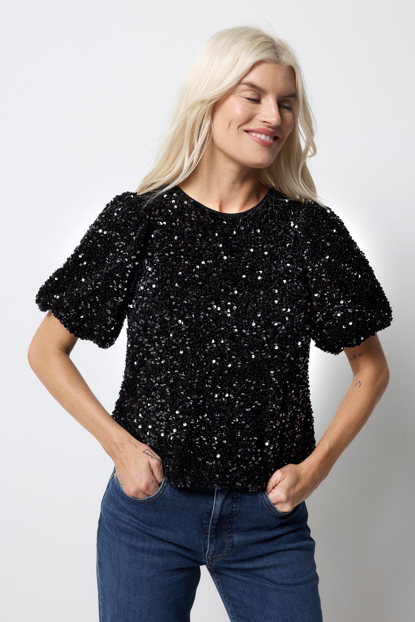 Black Sequin Tie Back Puff Sleeve Velvet Blouse