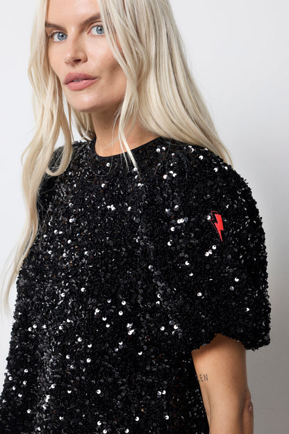 Black Sequin Tie Back Puff Sleeve Velvet Blouse