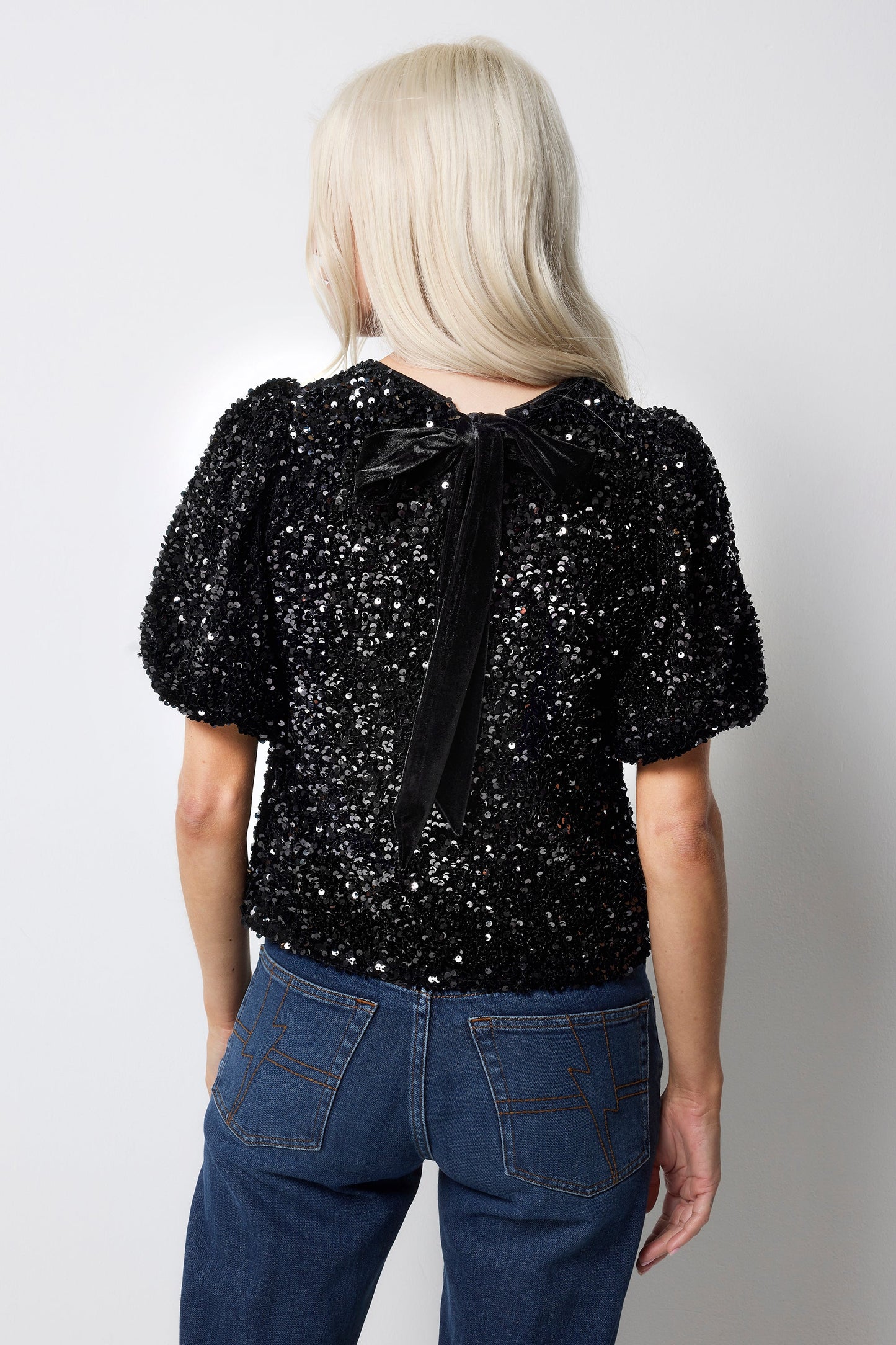 Black Sequin Tie Back Puff Sleeve Velvet Blouse