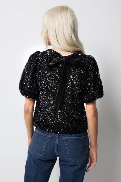 Black Sequin Tie Back Puff Sleeve Velvet Blouse