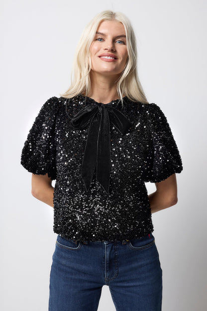Black Sequin Tie Back Puff Sleeve Velvet Blouse