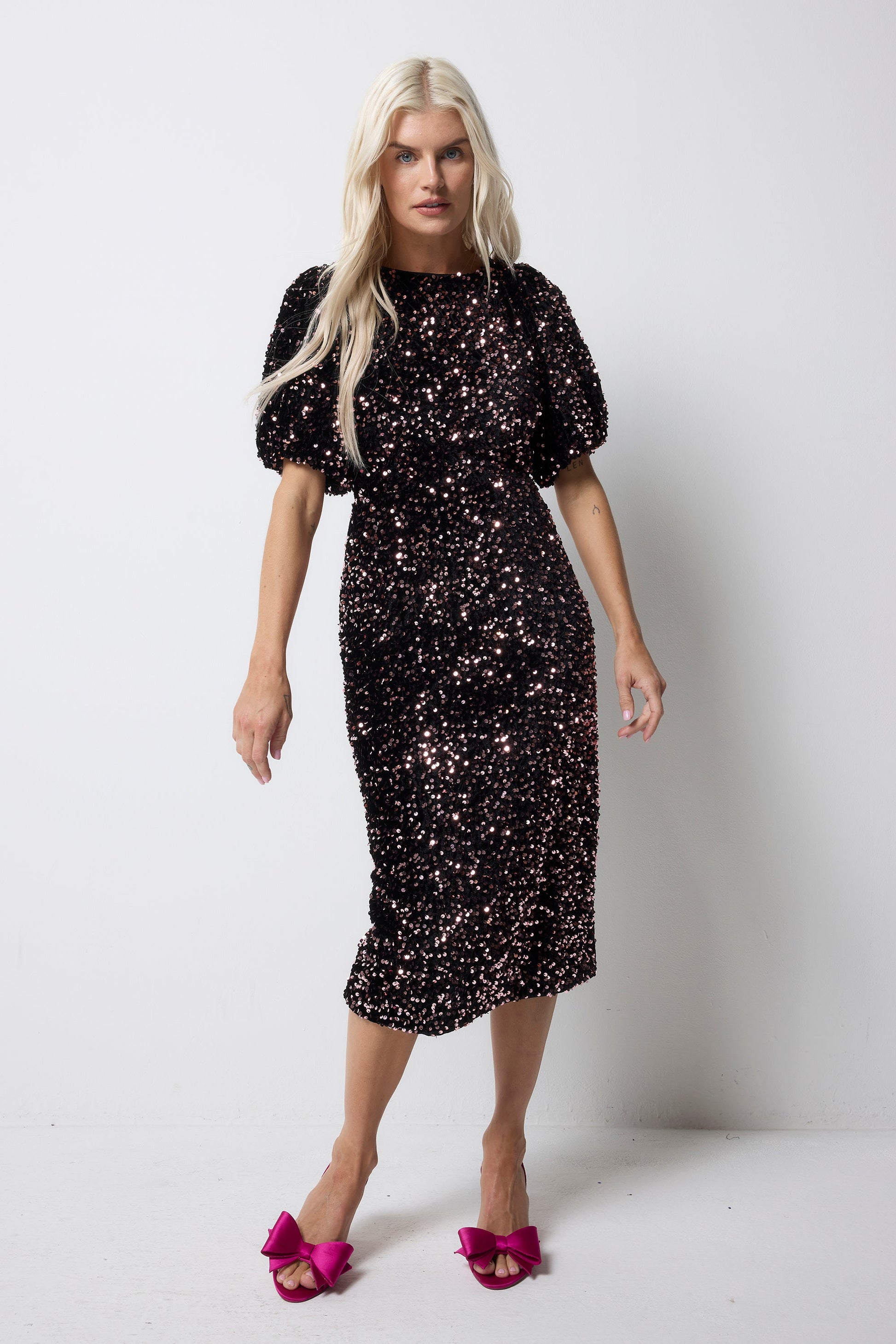 Pink Sequin Pencil Bow Back Velvet Midi Dress