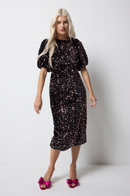 Pink Sequin Pencil Bow Back Velvet Midi Dress