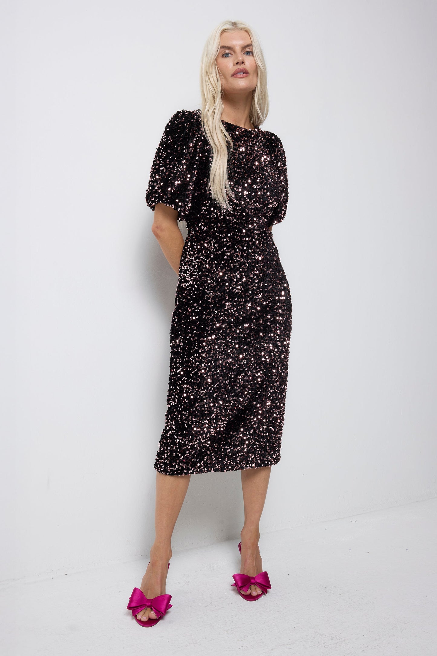 Pink Sequin Pencil Bow Back Velvet Midi Dress