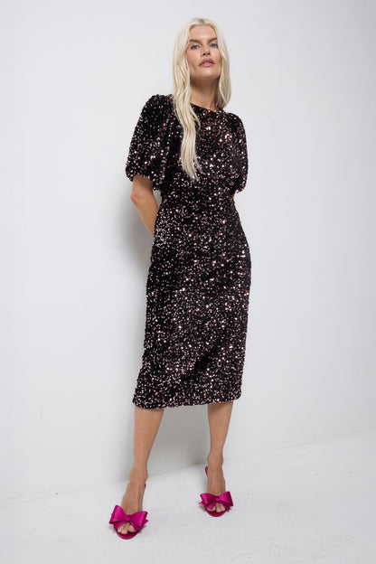 Pink Sequin Pencil Bow Back Velvet Midi Dress