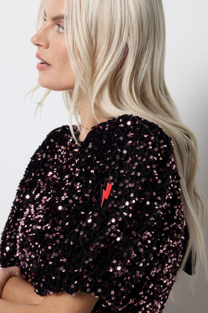 Pink Sequin Pencil Bow Back Velvet Midi Dress