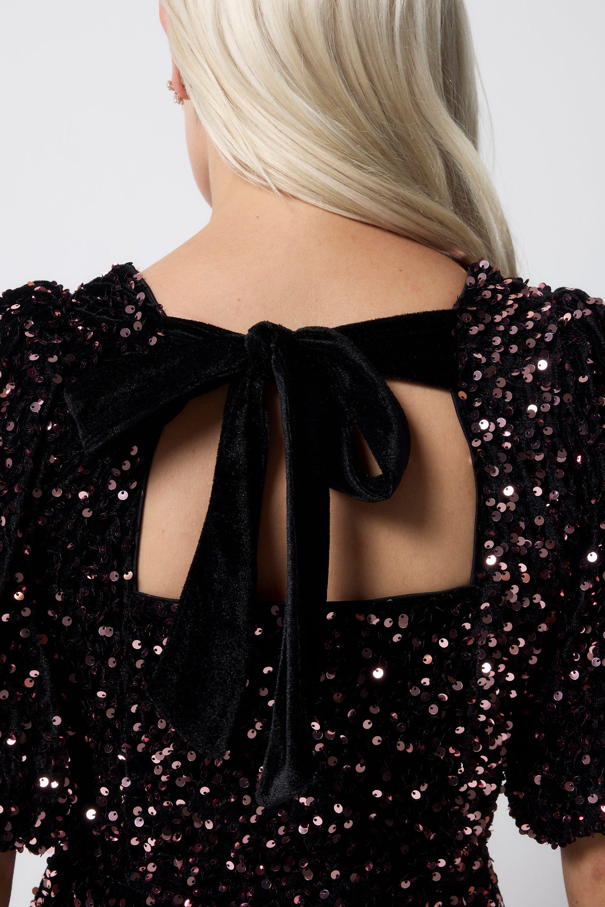 Pink Sequin Pencil Bow Back Velvet Midi Dress
