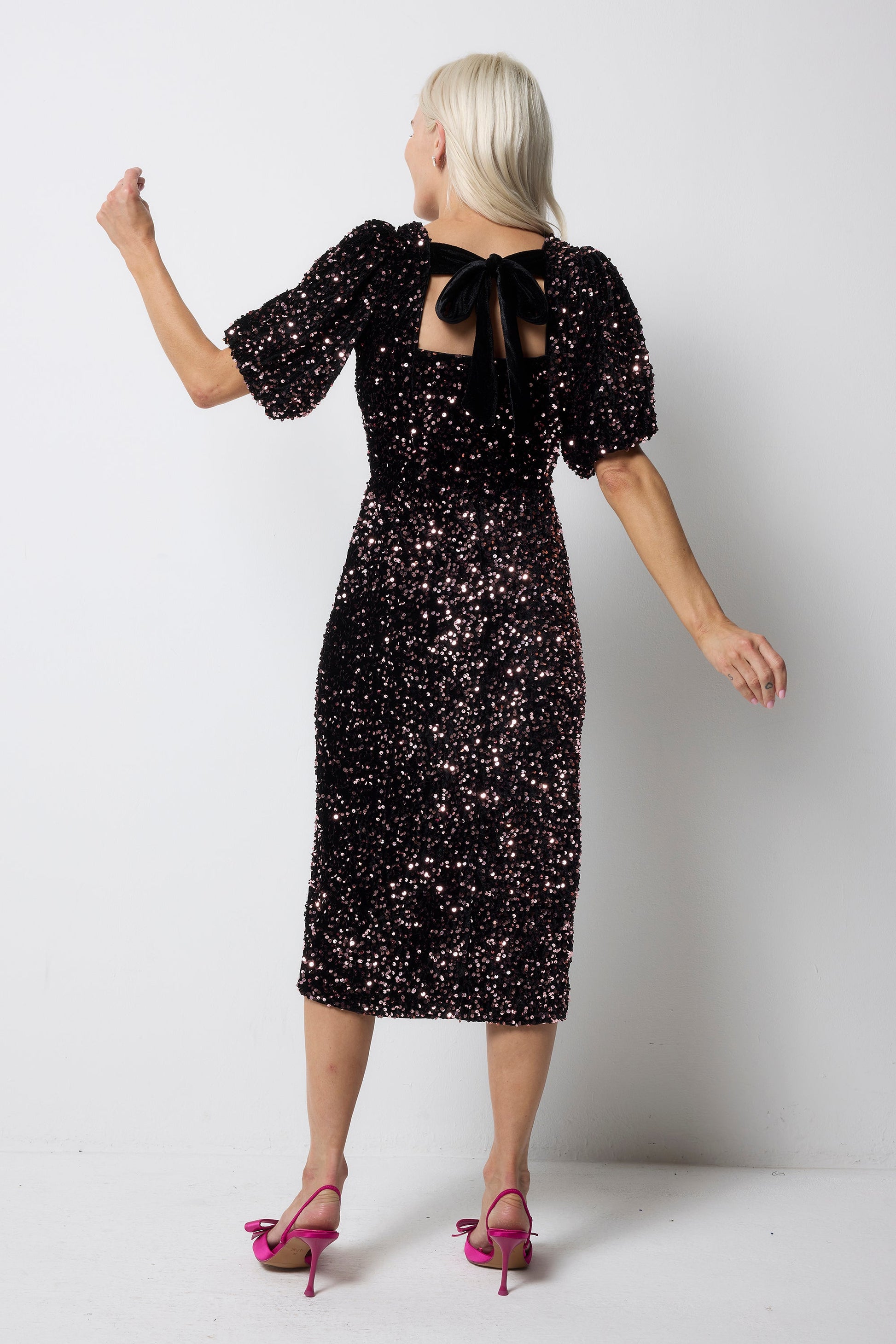 Pink Sequin Pencil Bow Back Velvet Midi Dress