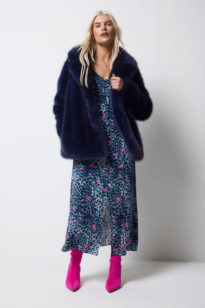 Midnight Blue Faux Fur Coat