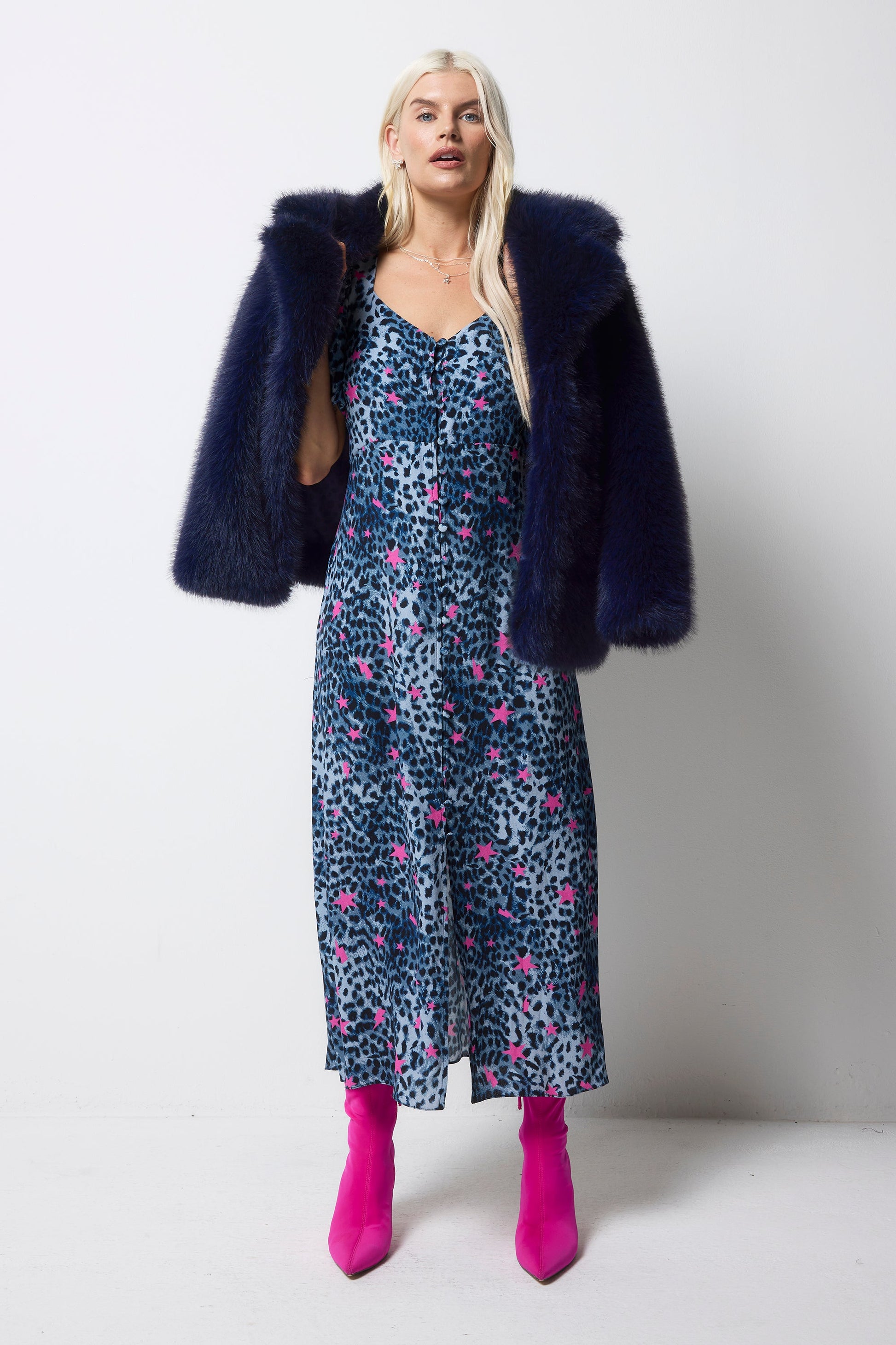 Midnight Blue Faux Fur Coat