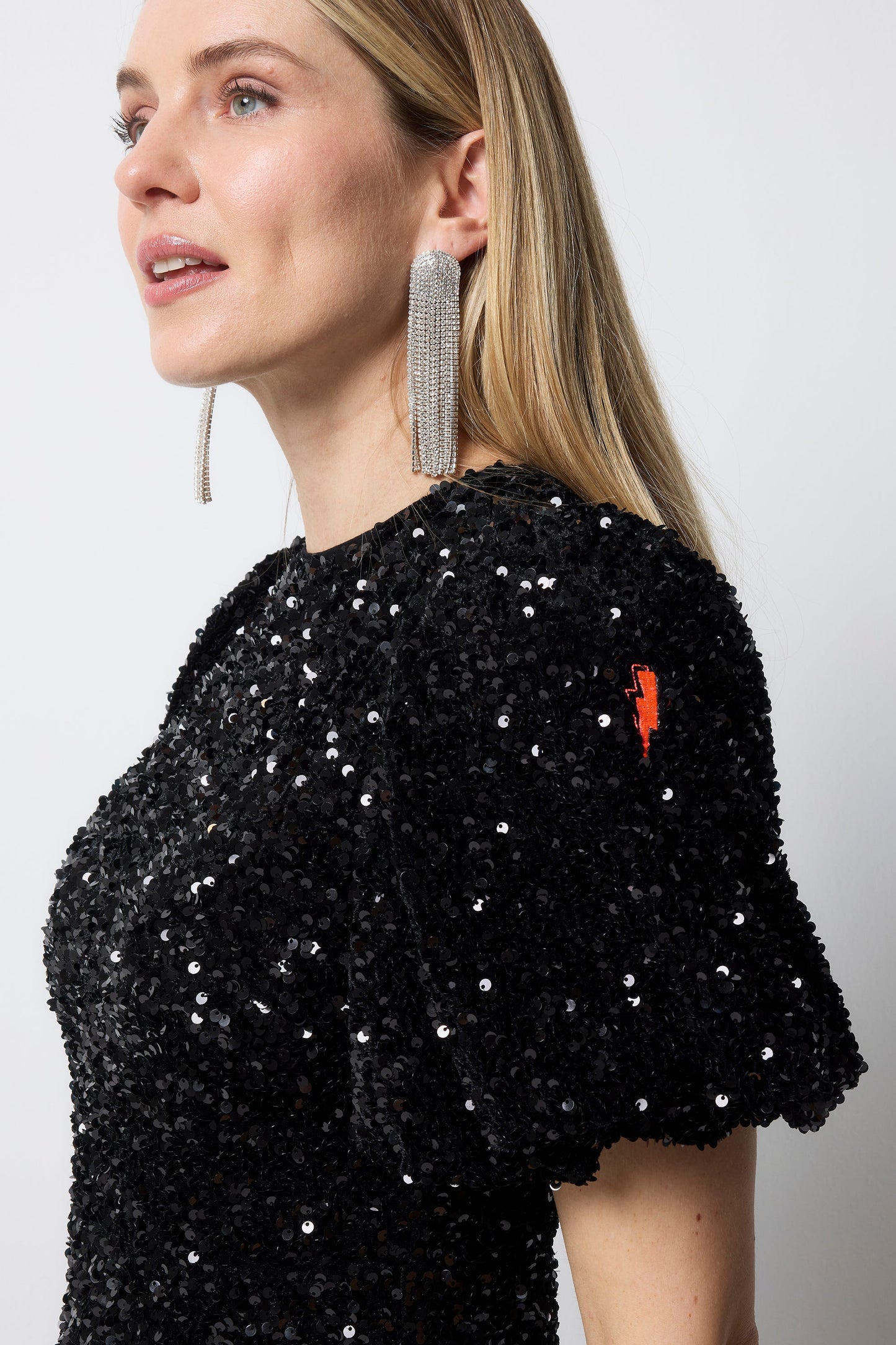 Black Sequin Tie Back Puff Sleeve Velvet Midi Dress