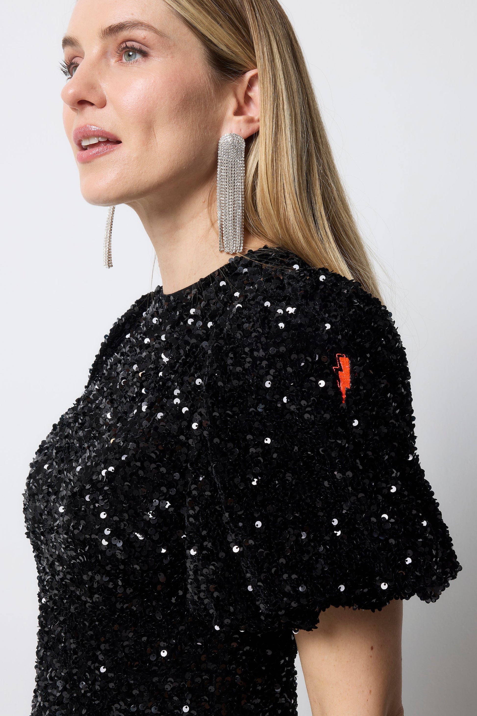 Black Sequin Tie Back Puff Sleeve Velvet Midi Dress