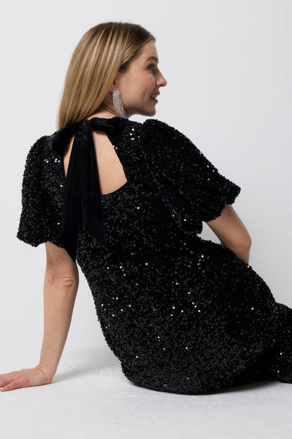 Black Sequin Tie Back Puff Sleeve Velvet Midi Dress