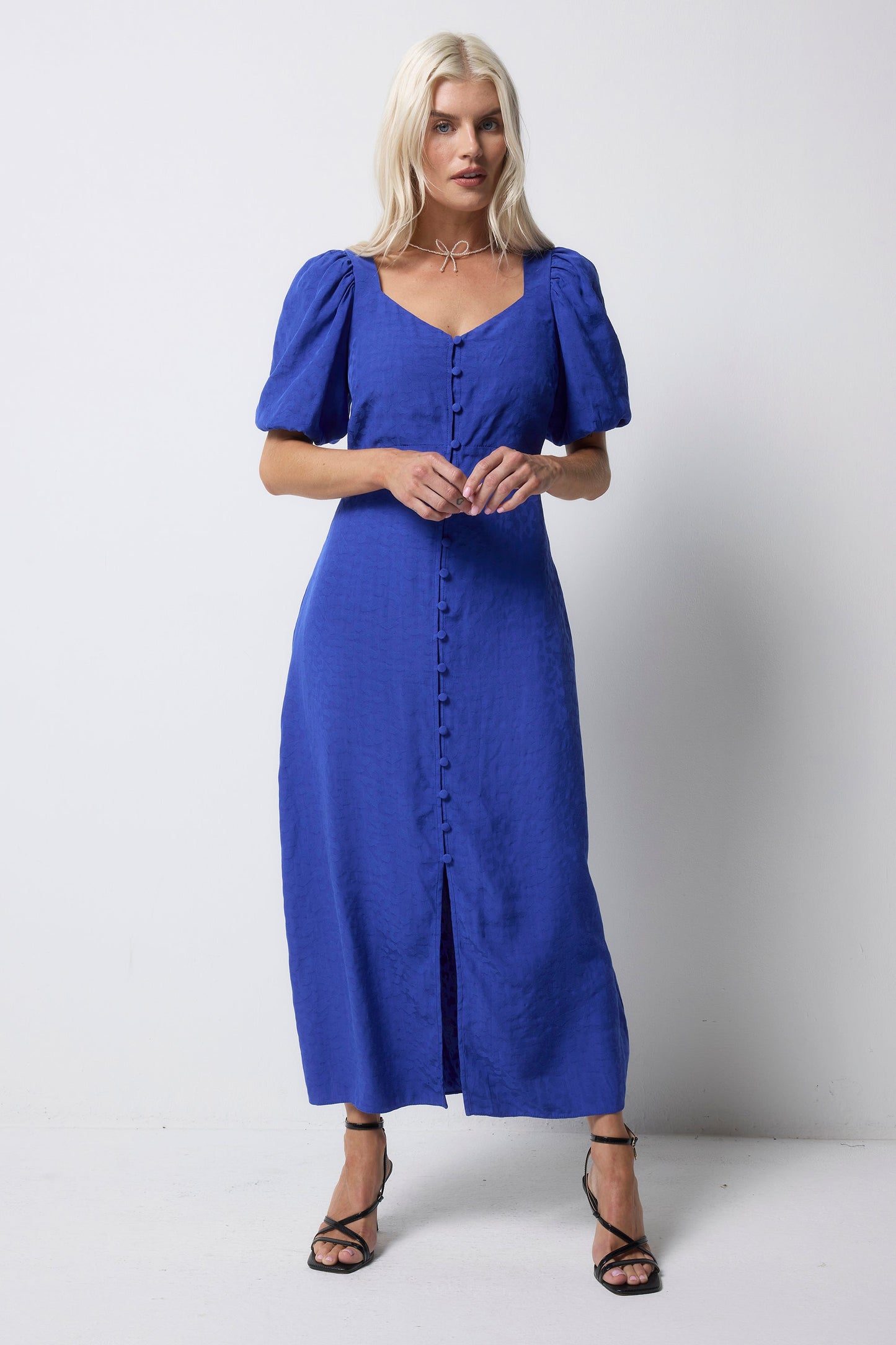 Blue Animal Jacquard Sweetheart Puff Sleeve Midi Tea Dress