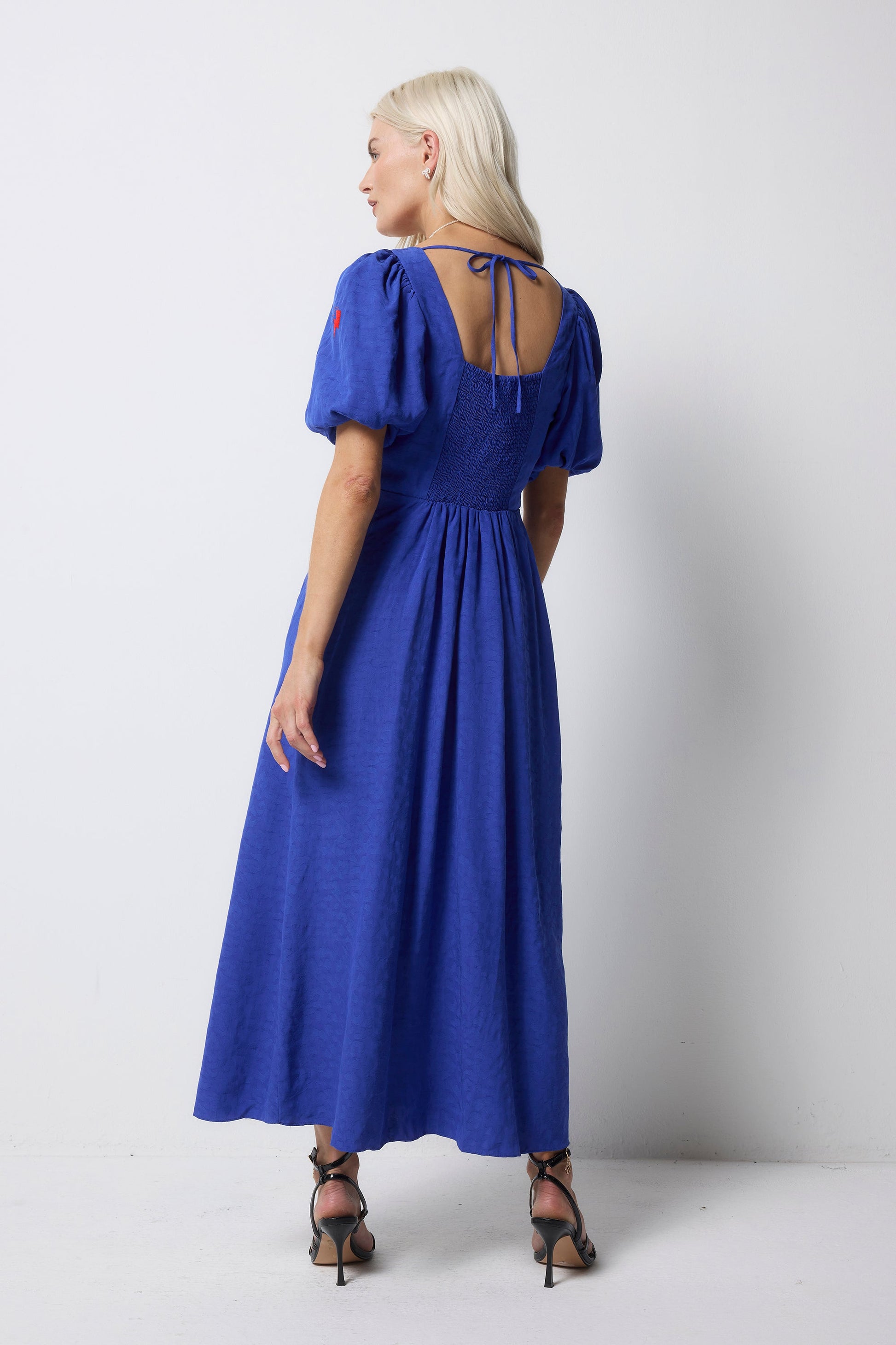 Blue Animal Jacquard Sweetheart Puff Sleeve Midi Tea Dress