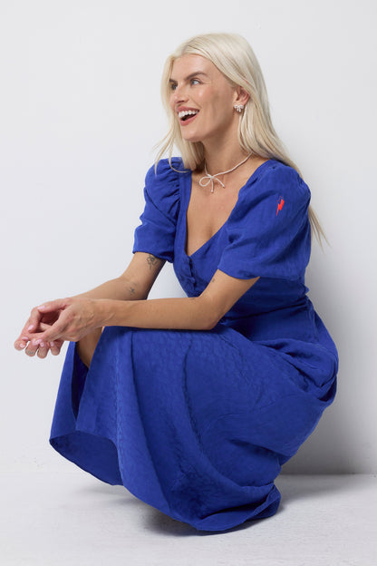 Blue Animal Jacquard Sweetheart Puff Sleeve Midi Tea Dress