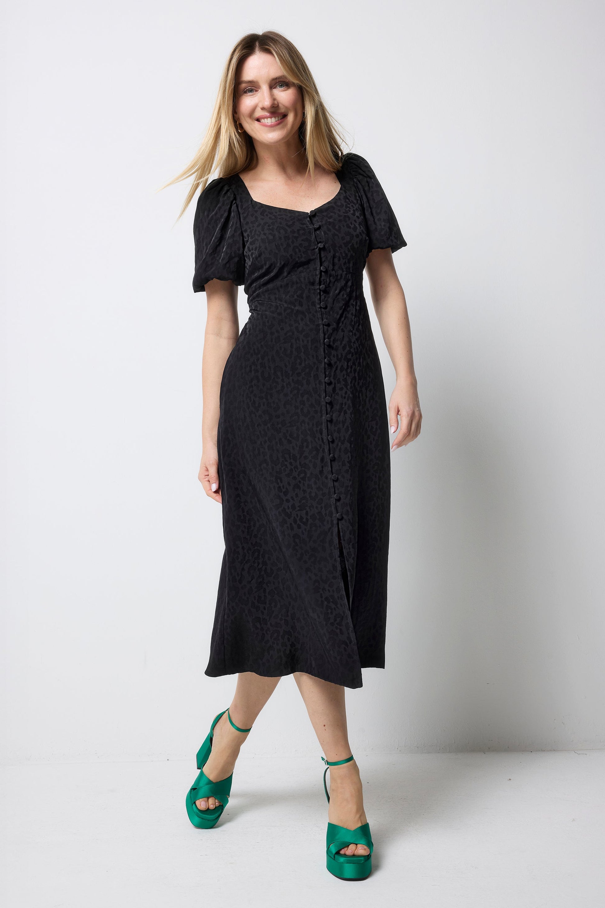 Black Animal Jacquard Sweetheart Puff Sleeve Midi Tea Dress