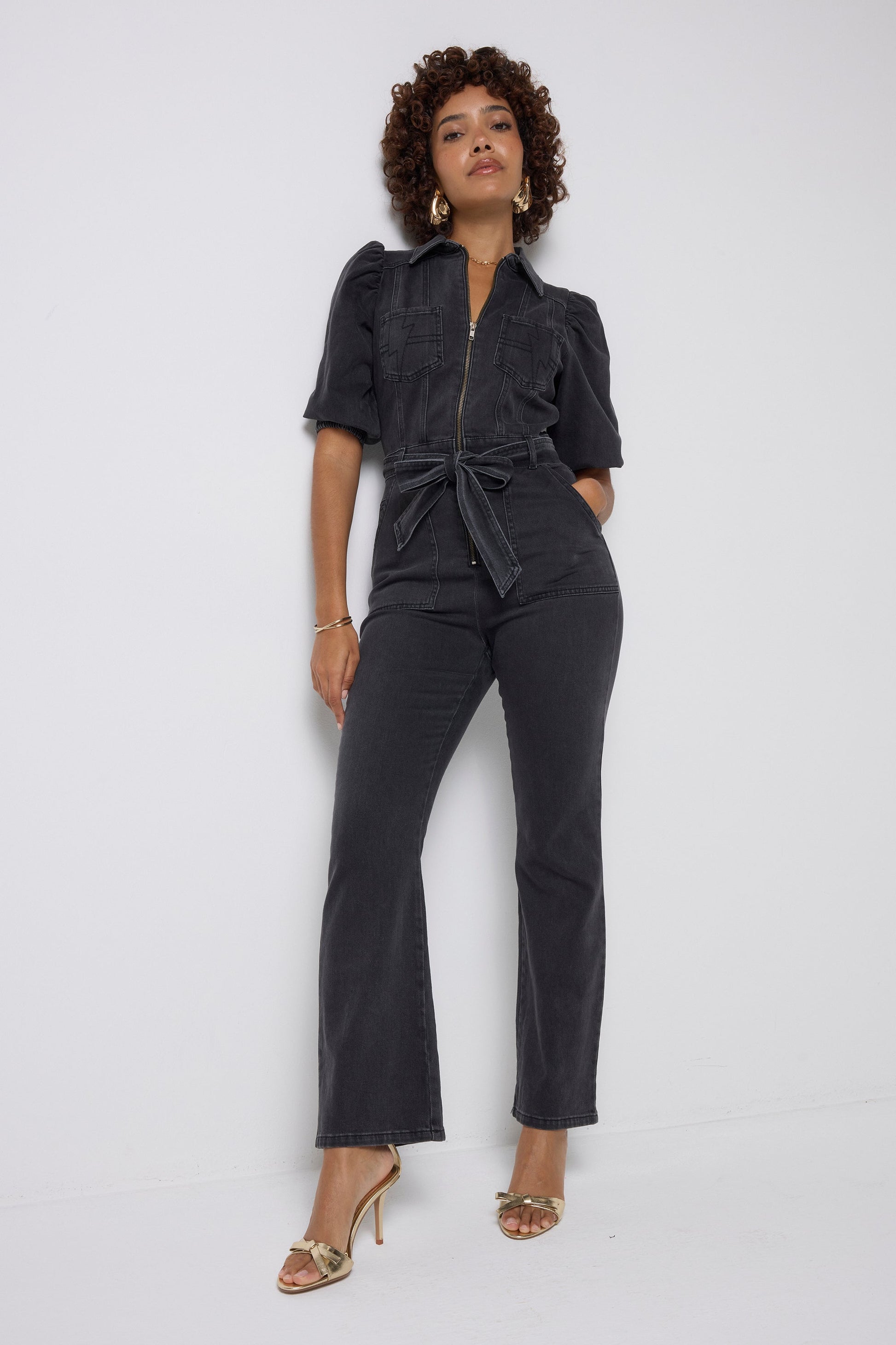 Washed Black Denim Flared Leg Jumpsuit