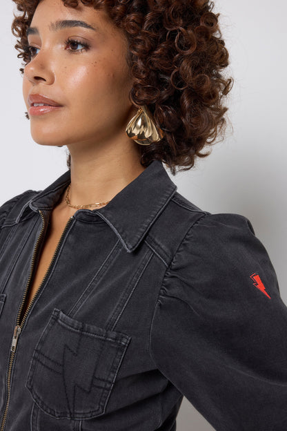 Washed Black Denim Flared Leg Jumpsuit