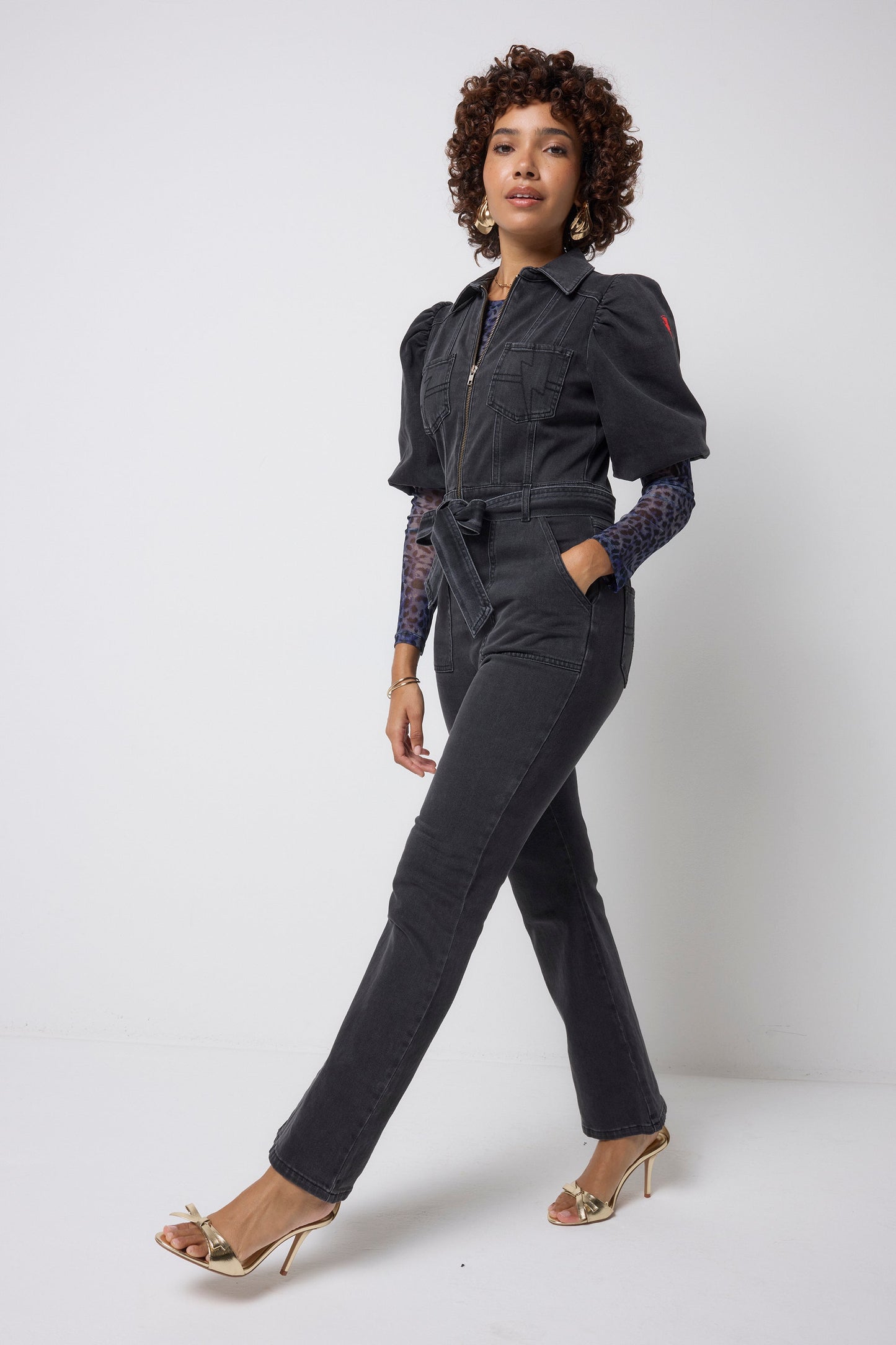 Washed Black Denim Flared Leg Jumpsuit
