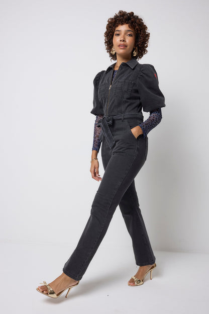 Washed Black Denim Flared Leg Jumpsuit