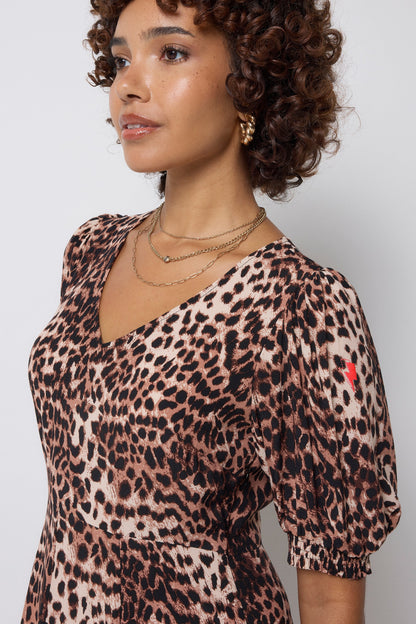 Neutral with Black Cheetah Short Skater Tea Dress