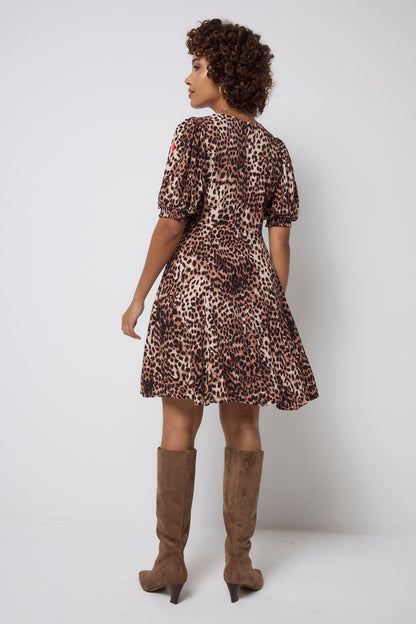 Neutral with Black Cheetah Short Skater Tea Dress