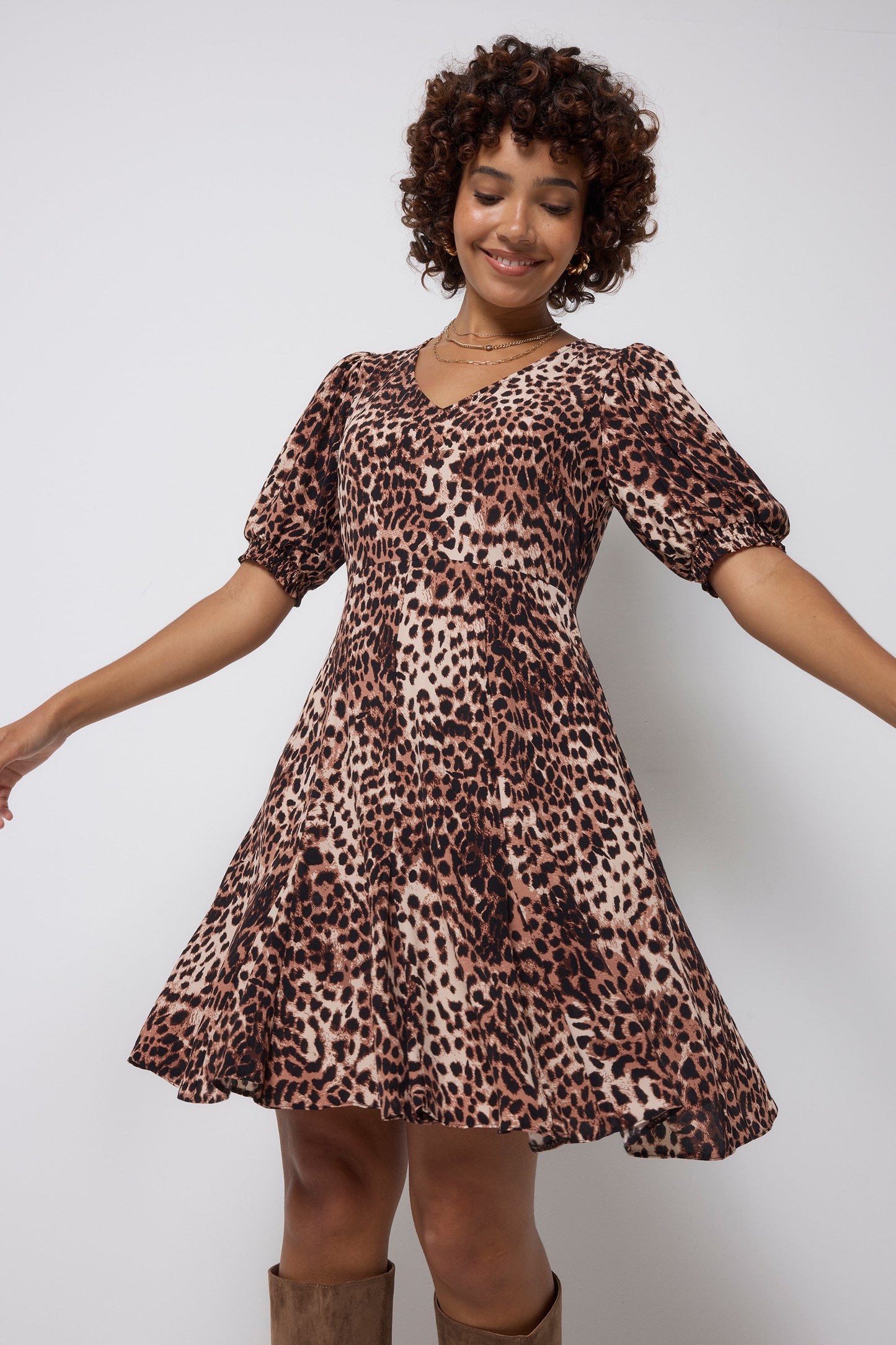 Neutral with Black Cheetah Short Skater Tea Dress