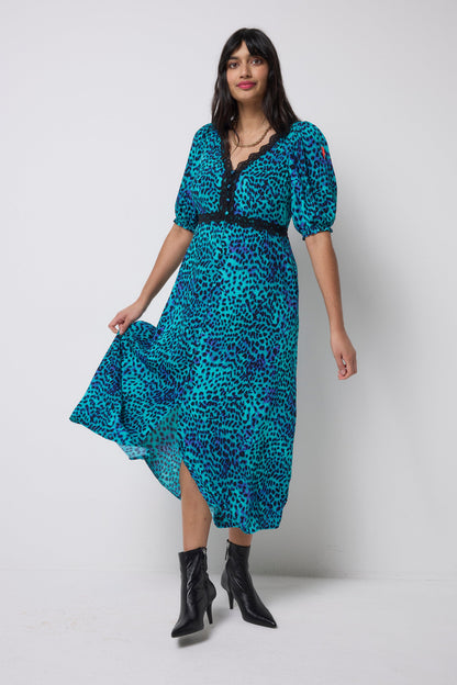Turquoise with Blue Cheetah Lace Trim Puff Sleeve Midi Tea Dress