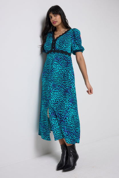 Turquoise with Blue Cheetah Lace Trim Puff Sleeve Midi Tea Dress