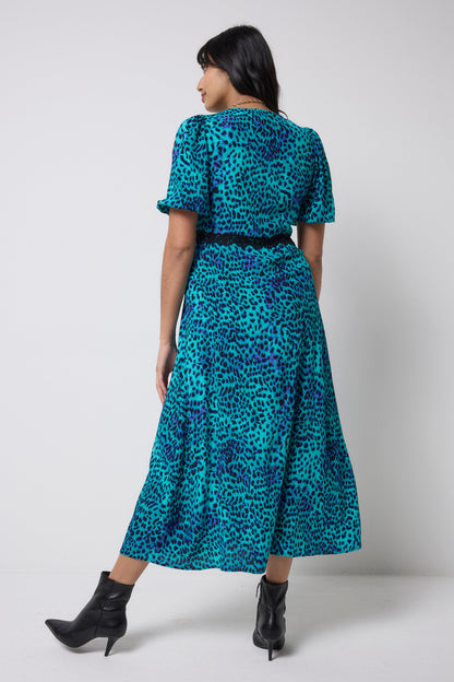 Turquoise with Blue Cheetah Lace Trim Puff Sleeve Midi Tea Dress