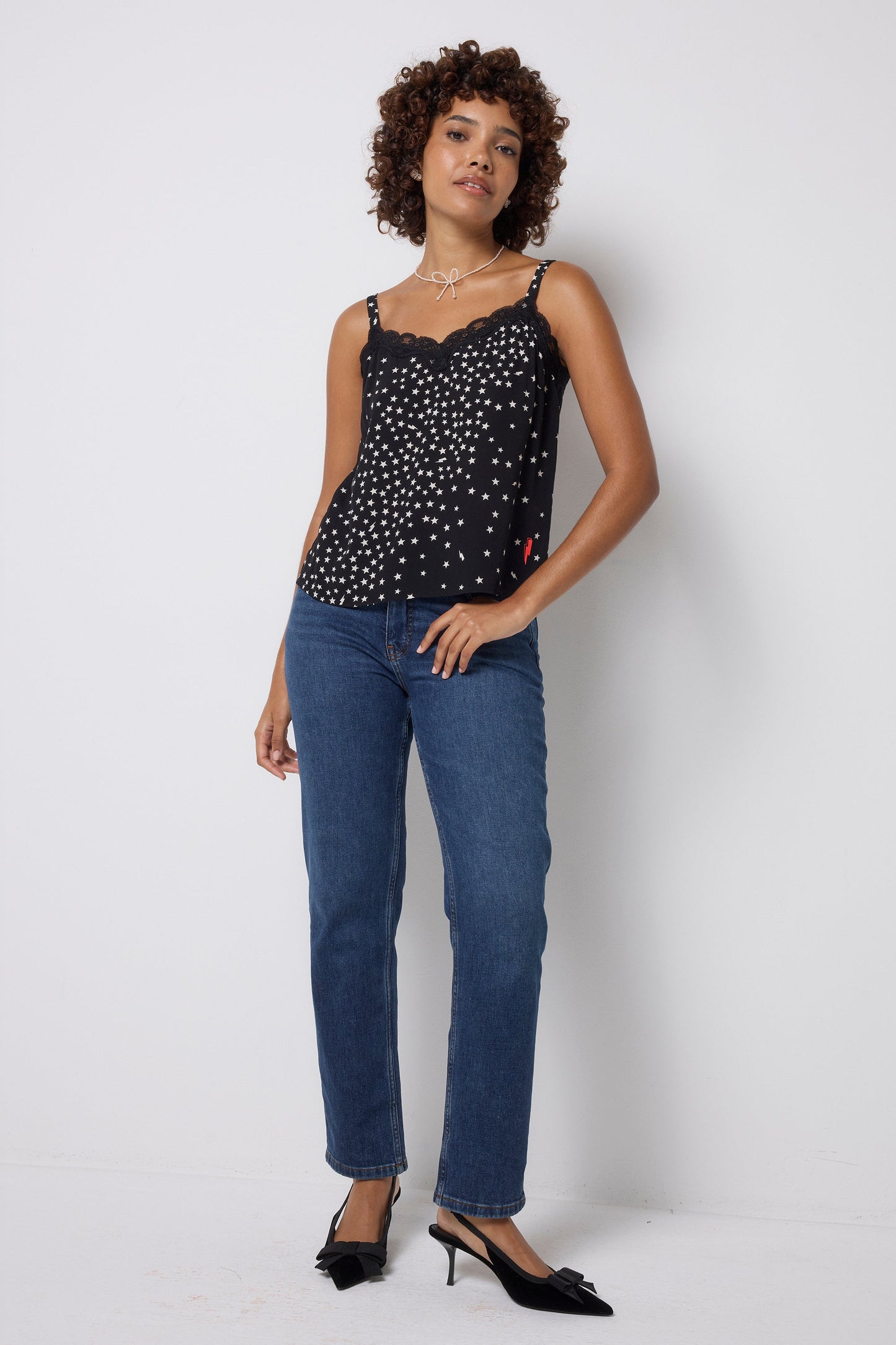 Black with White Star Cluster Lace Trim Cami Top