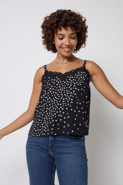 Black with White Star Cluster Lace Trim Cami Top