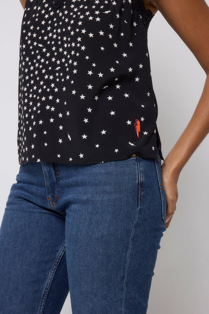 Black with White Star Cluster Lace Trim Cami Top
