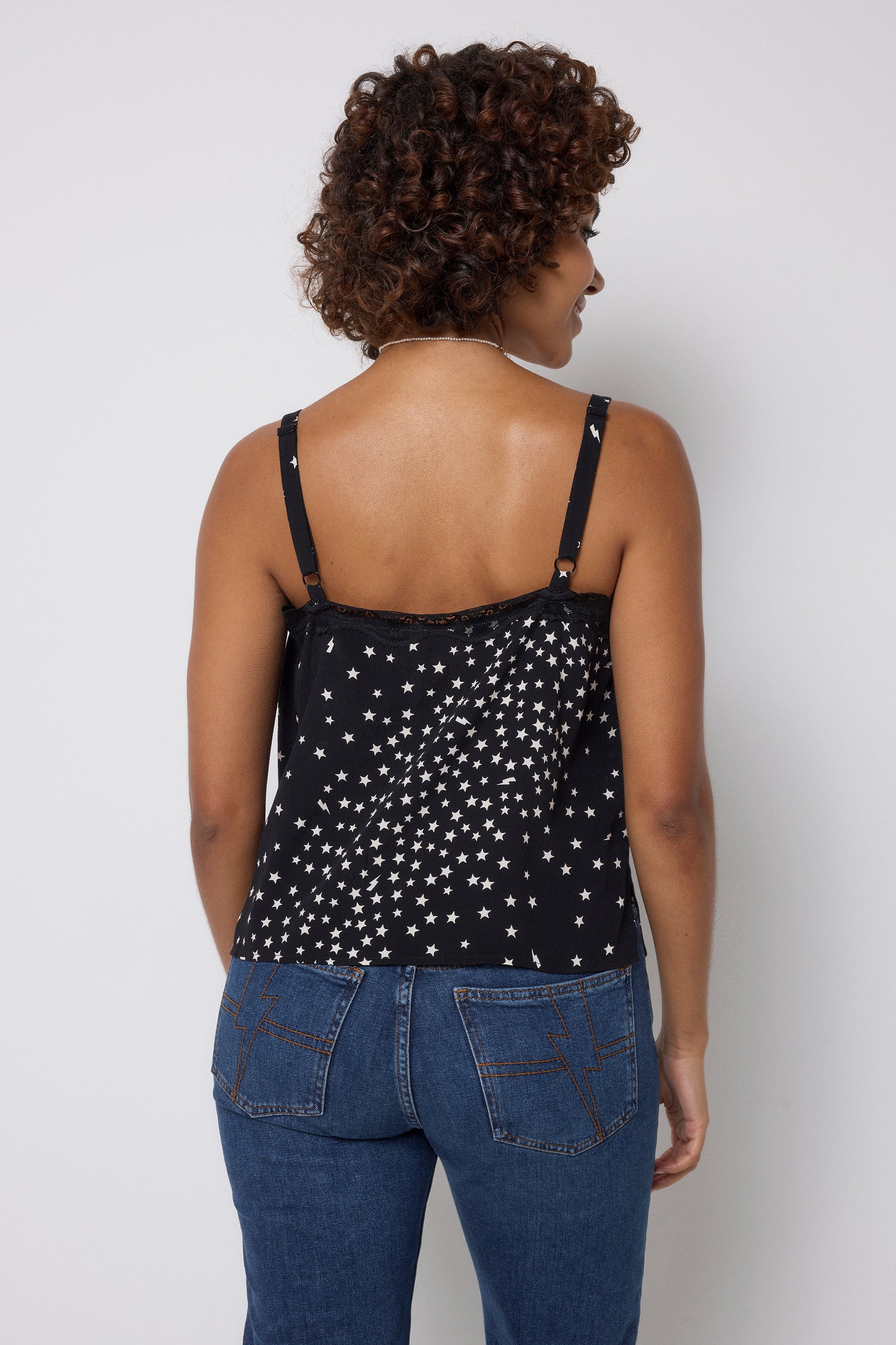 Black with White Star Cluster Lace Trim Cami Top