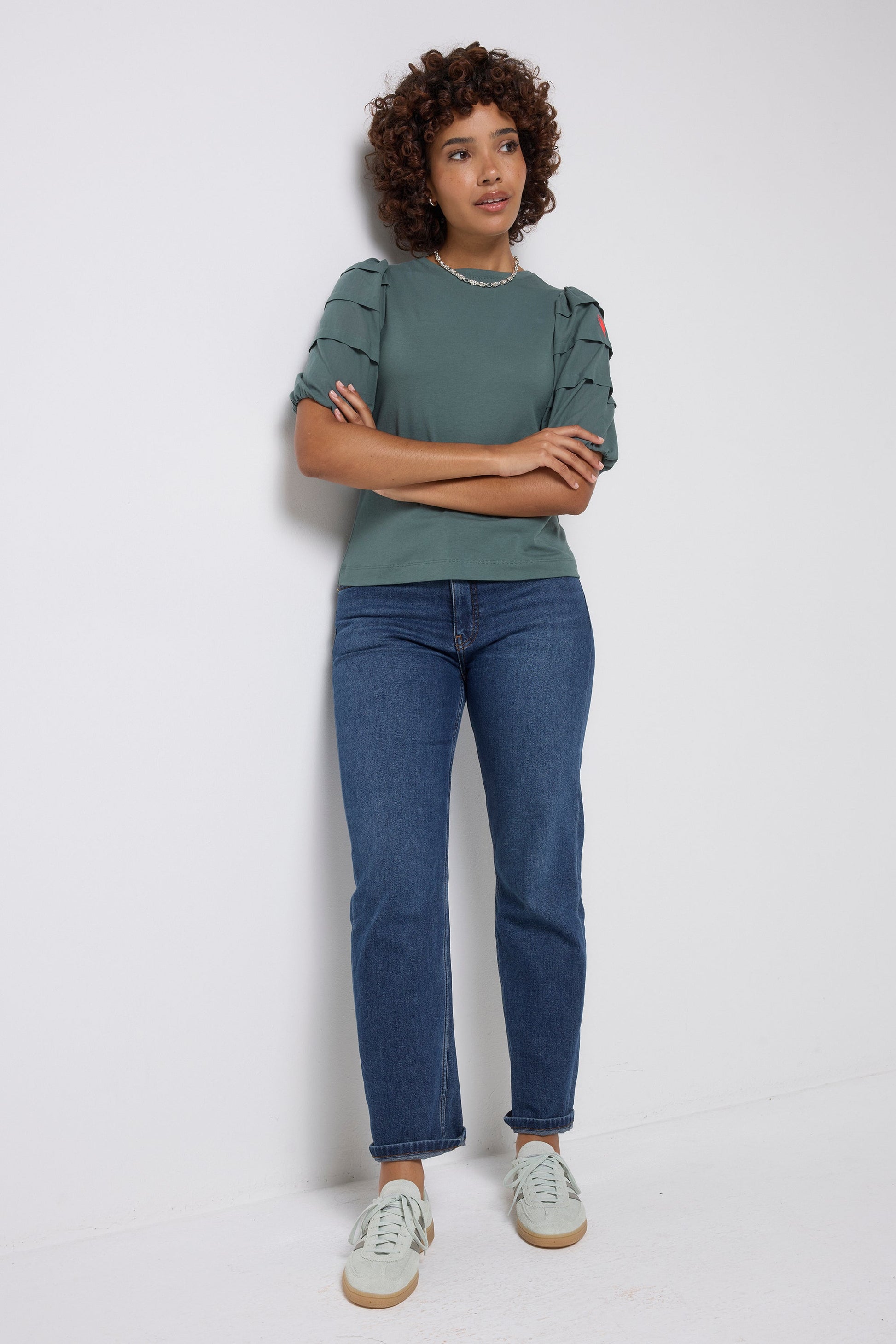 Khaki Pintuck Sleeve T-Shirt