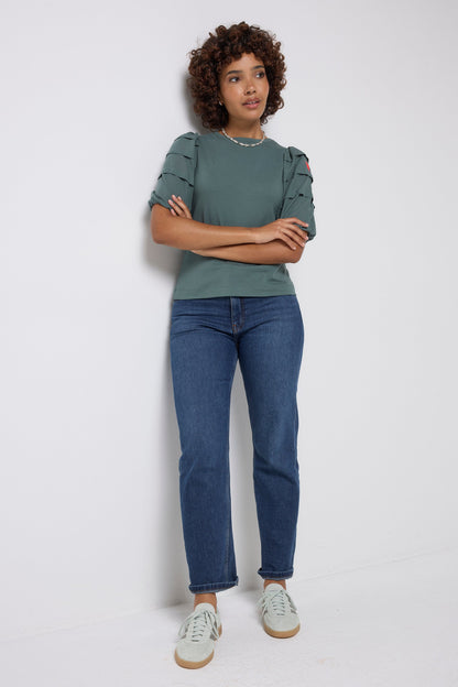 Khaki Pintuck Sleeve T-Shirt